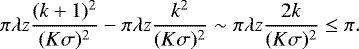 Mathematical equation: \begin{equation*} \pi \lambda z \frac{(k+1)^{2}}{(K\sigma)^{2}} - \pi \lambda z \frac{k^{2}}{(K\sigma)^{2}} \sim \pi \lambda z \frac{2k}{(K\sigma)^{2}} \leq \pi.\end{equation*}