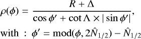 Mathematical equation: \begin{eqnarray*} \rho(\phi) &=& \frac{R+\mathrm{\Delta}}{\cos \phi' +\cot \mathrm{\Lambda}\times |\sin \phi'|},\\ \textnormal{with}&:& \phi' = \mathrm{mod}(\phi, 2\hat{N}_{1/2}) - \hat{N}_{1/2} \nonumber\end{eqnarray*}