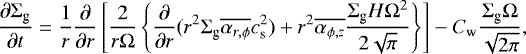 Mathematical equation: \begin{equation*}\frac{\partial {\mathrm{\Sigma}}_{\textrm{g}}}{\partial t} = \frac{1}{r} \frac{\partial}{\partial r} \left[\frac{2}{r{\mathrm{\Omega}}} \left\{ \frac{\partial}{\partial r} (r^2 {\mathrm{\Sigma}}_{\textrm{g}} \overline{\alpha_{r,\phi}} c_{\textrm{s}}^2) + r^2 \overline{\alpha_{\phi,z}} \frac{{\mathrm{\Sigma}}_{\textrm{g}} H {\mathrm{\Omega}}^2}{2 \sqrt{\pi}} \right\} \right] - C_{\textrm{w}} \frac{{\mathrm{\Sigma}}_{\textrm{g}} {\mathrm{\Omega}}}{\sqrt{2 \pi}}, \end{equation*}
