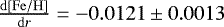 Mathematical equation: $\frac{\mathrm{d}[\mathrm{Fe}/\mathrm{H}]}{\mathrm{d}r}=-0.0121\pm 0.0013$