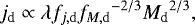 Mathematical equation: \begin{equation*}{j_{\textrm{d}}} \propto \lambda {f_{j,\rm d}} {f_{M,\rm d}}^{-2/3} {M_{\textrm{d}}}^{2/3}, \end{equation*}