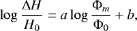 Mathematical equation: \begin{equation*} \log\frac{{\rm{\Delta}} H}{{H_0 }}=a\log \frac{{{\rm{\Phi}} _m }} {{{\rm{\Phi}}_0}}+b,\end{equation*}