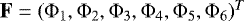 Mathematical equation: $\textrm{\textbf{F}}=({\rm{\Phi}}_1, {\rm{\Phi}}_2, {\rm{\Phi}}_3, {\rm{\Phi}}_4, {\rm{\Phi}}_5, {\rm{\Phi}}_6)^T$