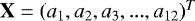 Mathematical equation: $\textrm{\textbf{X}}=(a_1,a_2,a_3,...,a_{12})^T$
