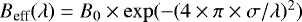 Mathematical equation: $B_{\textrm{eff}}(\lambda) = B_0\times {\mathrm{exp}}(-(4\times\pi \times \sigma/\lambda)^2)$