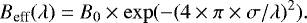 Mathematical equation: \begin{equation*} B_{\textrm{eff}}(\lambda) = B_0 \times \exp(-(4\times\pi \times \sigma/\lambda)^2) .\end{equation*}