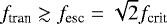 Mathematical equation: $f_{\textrm{tran}}\gtrsim f_{\textrm{esc}} = \sqrt{2}f_{\textrm{crit}}$