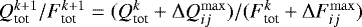 Mathematical equation: $Q_{\textrm{tot}} ^{k+1}/F_{\textrm{tot}} ^{k+1}= (Q_{\textrm{tot}} ^k + \mathrm{\Delta} Q_{ij} ^{\mathrm{{max}}}) / (F_{\textrm{tot}} ^k + \mathrm{\Delta} F_{ij} ^{\mathrm{{max}}})$