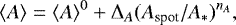 Mathematical equation: \begin{equation*} \langle A \rangle = \langle A \rangle ^0 + \mathrm{\Delta} _A (A_{\textrm{spot}}/A_*) ^{n_A},\end{equation*}