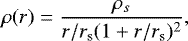 Mathematical equation: \begin{equation*} \rho(r) = \dfrac{\rho_s}{r/r_{\mathrm{s}} (1+r/r_{\mathrm{s}})^2}, \end{equation*}
