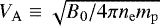 Mathematical equation: $V_{\mathrm{A}} \equiv \sqrt{B_0/4\pi n_{\mathrm{e}}m_{\mathrm{p}}}$