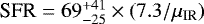 Mathematical equation: $\textrm{SFR} = 69^{+41}_{-25} \times (7.3 / \mu_{\textrm{IR}}) $