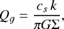 Mathematical equation: \begin{equation*} Q_g=\frac{c_s\,k}{\pi G {\mathrm{\Sigma}}}, \end{equation*}