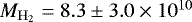 Mathematical equation: $M_{{\mathrm{H}}_2} = 8.3\pm3.0 \times 10^{10}$