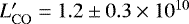 Mathematical equation: $L'_{\mathrm{CO}}= 1.2\pm0.3\times10^{10}$