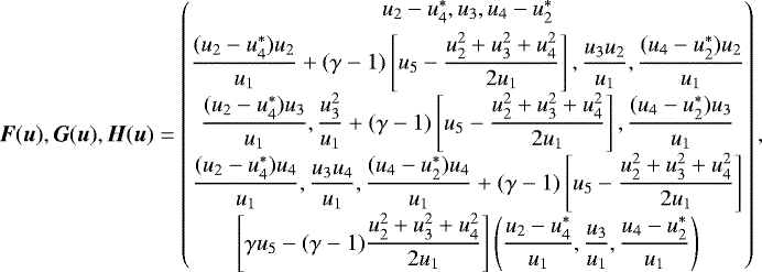 Mathematical equation: \begin{align*}\vec{F}(\vec{u}),\vec{G}(\vec{u}),\vec{H}(\vec{u}) = \begin{pmatrix} u_2-u_4^*,u_3,u_4-u_2^*\\[4pt]\dfrac{(u_2-u_4^*)u_2}{u_1}+(\gamma-1)\left[u_5-\dfrac{u_2^2+u_3^2+u_4^2}{2u_1}\right],\dfrac{u_3u_2}{u_1},\dfrac{(u_4-u_2^*)u_2}{u_1}\\[2pt] \dfrac{(u_2-u_4^*)u_3}{u_1},\dfrac{u_3^2}{u_1}+(\gamma-1)\left[u_5-\dfrac{u_2^2+u_3^2+u_4^2}{2u_1}\right],\dfrac{(u_4-u_2^*)u_3}{u_1}\\[2pt] \dfrac{(u_2-u_4^*)u_4}{u_1},\dfrac{u_3u_4}{u_1},\dfrac{(u_4-u_2^*)u_4}{u_1}+(\gamma-1)\left[u_5-\dfrac{u_2^2+u_3^2+u_4^2}{2u_1}\right]\\[2pt] \left[\gamma u_5-(\gamma-1)\dfrac{u_2^2+u_3^2+u_4^2}{2u_1}\right]\left(\dfrac{u_2-u_4^*}{u_1},\dfrac{u_3}{u_1},\dfrac{u_4-u_2^*}{u_1}\right) \end{pmatrix}, \end{align*}