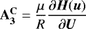 Mathematical equation: $\mathbf{A_3^{\mathbf{C}}}=\dfrac{\mu}{R}\dfrac{\partial\vec{H}(\vec{u})}{\partial\vec{U}}$