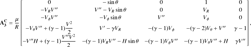 Mathematical equation: \begin{align*}\mathbf{A_3^{\mathbf{C}}}=\frac{\mu}{R} \begin{bmatrix} 0 &-\sin\theta & 0 & 1 & 0\\[2pt] -V_RV^{\prime\prime} & V^{\prime\prime}-V_R\sin\theta & 0 & V_R & 0\\[2pt] -V_{\phi} V^{\prime\prime} &-V_{\phi}\sin\theta & V^{\prime\prime} & V_{\phi} & 0\\ -V_{\theta} V^{\prime\prime}+(\gamma-1)\dfrac{V^2}{2} & V^{\prime}-\gamma V_R &-(\gamma-1)V_{\phi} &-(\gamma-2)V_{\theta}+V^{\prime\prime} & \gamma-1\\ -V^{\prime\prime}H+(\gamma-1)\dfrac{V^{\prime\prime}V^2}{2} &-(\gamma-1)V_RV^{\prime\prime}-H\sin\theta &-(\gamma-1)V_{\phi} V^{\prime\prime} & -(\gamma-1)V_{\theta} V^{\prime\prime}+H & \gamma V^{\prime\prime} \end{bmatrix}, \end{align*}