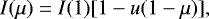 Mathematical equation: \begin{align*}I(\mu)=I(1)[1-u(1-\mu)], \end{align*}