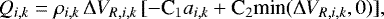Mathematical equation: \begin{align*}Q_{i,k}=\rho_{i,k}\,{\mathrm{\Delta}} V_{R,i,k}\,[-\text{C}_1a_{i,k}+\text{C}_2\text{min}({\mathrm{\Delta}} V_{R,i,k},0)], \end{align*}
