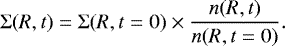 Mathematical equation: \begin{equation*}\vspace*{-12pt} \mathrm{\Sigma}(R,t) = \mathrm{\Sigma}(R,t=0) \times \frac{n(R,t)}{n(R,t=0)}.\end{equation*}