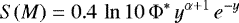Mathematical equation: \begin{equation*}S(M) = 0.4 \, \ln 10 \, \mathrm{\Phi}^{\ast} \, y^{\alpha+1} \, e^{-y} \end{equation*}