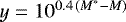 Mathematical equation: $y=10^{0.4 \, (M^{\ast}-M)} $