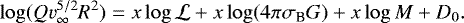 Mathematical equation: \begin{equation*} \log(Qv^{5/2}_{\infty}R^2)=x\log{\mathcal{L}}+x\log(4\pi\sigma_{\textrm{B}} G)+x\log{M}+D_{0}.\end{equation*}