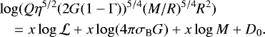 Mathematical equation: \begin{eqnarray*} &&\log(Q\eta^{5/2}(2G(1-\mathrm{\Gamma}))^{5/4} (M/R)^{5/4} R^2) \nonumber \\ && \quad = x\log{\mathcal{L}}+x\log(4\pi\sigma_{\textrm{B}} G)+x\log{M}+D_{0}. \end{eqnarray*}