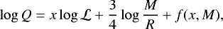 Mathematical equation: \begin{equation*} \log{Q}=x\log{\mathcal{L}}+\frac{3}{4}\log{\frac{M}{R}} + f(x,M),\end{equation*}