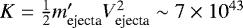Mathematical equation: $K = \frac{1}{2} m'_{\textrm{ejecta}} V_{\textrm{ejecta}}^2 \sim 7 \times 10^{43}$