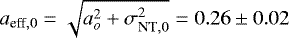 Mathematical equation: $a_{\textrm{eff},0} = \sqrt{a_{o}^{2} + \sigma_{\textrm{NT},0}^{2}} = 0.26\pm0.02$