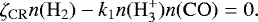 Mathematical equation: \begin{equation*}\zeta_{\mathrm{CR}}n\mathrm{(H_2)} - k_1n(\mathrm{H_3^+})n(\mathrm{CO}) = 0. \end{equation*}