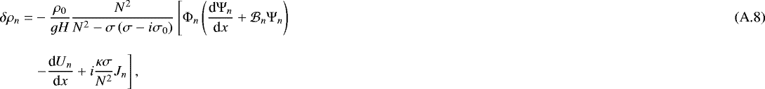 Mathematical equation: \begin{align} \delta \rho_n = & - \frac{\rho_0}{gH} \frac{N^2}{N^2 - \sigma \left( \sigma - i \sigma_0 \right)} \left[{\mathrm{\Phi}}_n \left( \frac{{\textrm{d}} {\mathrm{\Psi}}_n}{{\textrm{d}}x} + \mathcal{B}_n {\mathrm{\Psi}}_n \right) \right. \\[9pt] & \left. - \frac{{\textrm{d}} U_n}{{\textrm{d}}x} + i \frac{\kappa \sigma}{N^2} J_n \right], \nonumber \end{align}