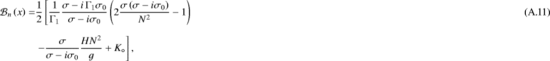 Mathematical equation: \begin{align} \mathcal{B}_n \left( x \right) = & \frac{1}{2} \left[ \frac{1}{{\mathrm{\Gamma}}_1} \frac{\sigma - i \, {\mathrm{\Gamma}}_1 \sigma_0}{\sigma - i \sigma_0} \left( 2 \frac{\sigma \left( \sigma - i \sigma_0 \right)}{N^2} - 1 \right) \right. \\[6pt] & \left. - \frac{\sigma}{\sigma - i \sigma_0} \frac{H N^2}{g} + K_{\circ} \right], \nonumber \end{align}