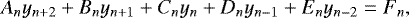 Mathematical equation: \begin{equation*} A_n y_{n+2} + B_n y_{n+1 } + C_n y_n + D_n y_{n-1} + E_n y_{n-2} = F_n,\end{equation*}