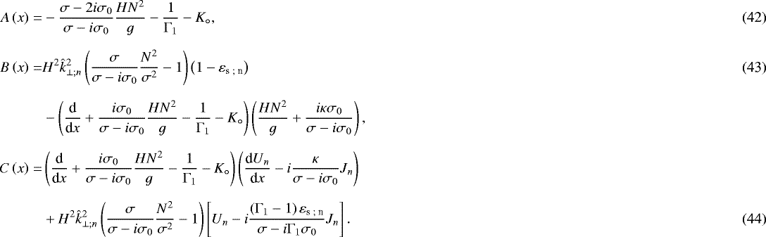Mathematical equation: \begin{align} A \left( x \right) = & - \frac{\sigma - 2 i \sigma_0}{\sigma - i \sigma_0} \frac{H N^2}{g} - \frac{1}{{\mathrm{\Gamma}}_1} - K_{\circ},\\[6pt] B \left( x \right) = & H^2 \hat{k}_{\perp ; n}^2 \left( \frac{\sigma}{\sigma - i \sigma_0} \frac{N^2}{\sigma^2} - 1 \right) \left( 1 - \varepsilon_{\textrm{s ; n}} \right) \\[6pt] & - \left( \frac{{\textrm{d}}}{{\textrm{d}}x} + \frac{i \sigma_0}{\sigma - i \sigma_0} \frac{H N^2}{g} - \frac{1}{{\mathrm{\Gamma}}_1} - K_{\circ} \right) \left( \frac{H N^2}{g} + \frac{i \kappa \sigma_0}{\sigma - i \sigma_0} \right), \nonumber\\[6pt] C \left( x \right) = & \left( \frac{{\textrm{d}}}{{\textrm{d}}x} + \frac{i \sigma_0}{\sigma - i \sigma_0} \frac{H N^2}{g} - \frac{1}{{\mathrm{\Gamma}}_1} - K_{\circ} \right) \left( \frac{{\textrm{d}} U_n}{{\textrm{d}}x} - i \frac{\kappa}{\sigma - i \sigma_0} J_n \right) \nonumber \\[6pt] & + H^2 \hat{k}_{\perp ; n}^2 \left( \frac{\sigma }{\sigma - i \sigma_0} \frac{N^2}{\sigma^2} - 1 \right) \left[ U_n - i \frac{ \left({\mathrm{\Gamma}}_1 - 1 \right) \varepsilon_{\textrm{s ; n}} }{\sigma - i {\mathrm{\Gamma}}_1 \sigma_0} J_n \right] . \end{align}