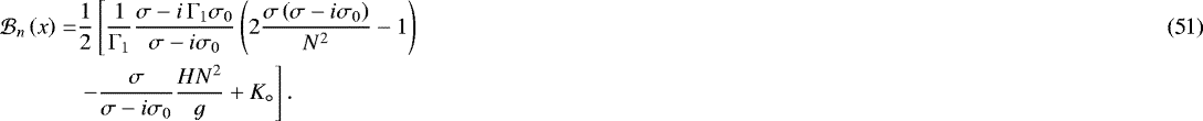 Mathematical equation: \begin{align*} \mathcal{B}_n \left( x \right) = & \frac{1}{2} \left[ \frac{1}{{\mathrm{\Gamma}}_1} \frac{\sigma - i \, {\mathrm{\Gamma}}_1 \sigma_0}{\sigma - i \sigma_0} \left( 2 \frac{\sigma \left( \sigma - i \sigma_0 \right)}{N^2} - 1 \right) \right. \\ & \left. - \frac{\sigma}{\sigma - i \sigma_0} \frac{H N^2}{g} + K_{\circ} \right]. \nonumber \vspace*{-1pt}\end{align*}
