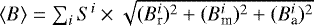 Mathematical equation: $\langle B \rangle= \sum_i S^i \times \sqrt{(B_{\textrm{r}}^i)^2+(B_{\textrm{m}}^i)^2+(B_{\textrm{a}}^i)^2}$