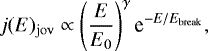 Mathematical equation: \begin{equation*} j(E)_{\mathrm{jov}}\propto \left(\frac{E}{E_0}\right)^{\gamma} {\textrm{e}}^{-E/E_{\mathrm{break}}}, \end{equation*}
