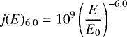 Mathematical equation: \begin{equation*} j(E)_{6.0}=10^9\left(\frac{E}{E_0}\right)^{-6.0}\\ \end{equation*}