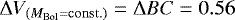 Mathematical equation: $\mathrm{\Delta} V_{(M_{\mathrm{Bol}}=\mathrm{const.})} = \mathrm{\Delta} BC = 0.56$