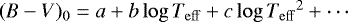 Mathematical equation: $(B-V)_0 = a + b\log{T_{\mathrm{eff}}} + c\log{T_{\mathrm{eff}}}^2 + \cdots$