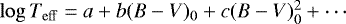 Mathematical equation: $\log{T_{\mathrm{eff}}} = a + b(B-V)_0 + c(B-V)_0^2 + \cdots$