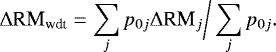 Mathematical equation: \begin{equation*} \mathrm{\Delta} \textrm{RM}_{\textrm{wdt}} = \sum_{j} p_{0j} \mathrm{\Delta} \textrm{RM}_{j} \bigg/ \sum_{j} p_{0j}.\end{equation*}