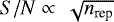 Mathematical equation: $S/N\propto~\sqrt{n_{\textrm{rep}}}$