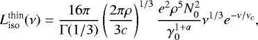Mathematical equation: \begin{equation*} L^{\textrm{thin}}_{\textrm{iso}}(\nu) = \frac{16\pi }{ \mathrm{\Gamma}(1/3) } \left( \frac{2 \pi \rho}{ 3 c } \right)^{1/3} \frac{ e^2 \rho^5 N_0^2 }{ \gamma_0^{1+a} } \nu^{1/3} e^{-\nu/\nu_c} ,\end{equation*}