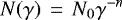 Mathematical equation: \begin{equation*} N(\gamma)\, =\, N_0\gamma^{-n}\end{equation*}