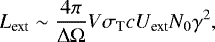 Mathematical equation: \begin{equation*} L_{\textrm{ext}} \sim \frac{4\pi }{ \mathrm{\Delta} \mathrm{\Omega}} V \sigma_{\textrm{T}} c U_{\textrm{ext}} N_0 \gamma^2 ,\end{equation*}