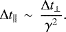 Mathematical equation: \begin{equation*} \mathrm{\Delta} t_{\mathrm \parallel} \, \sim \, \frac{ \mathrm{\Delta} t_{\mathrm \perp}}{ \gamma^2}.\end{equation*}